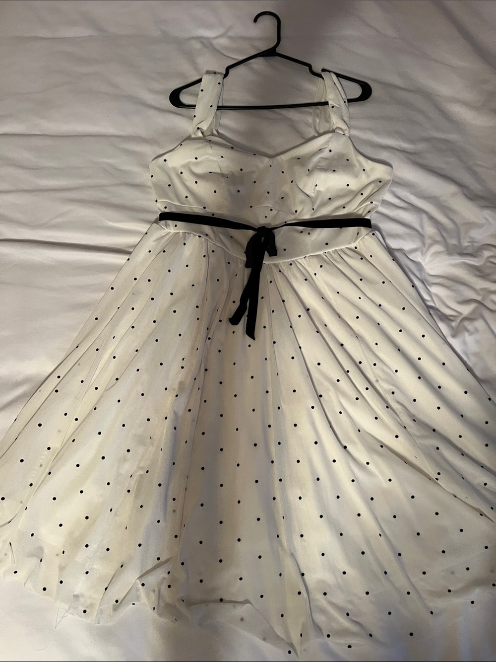 Woman’s White Polka Dot Party Dress with Black Belt